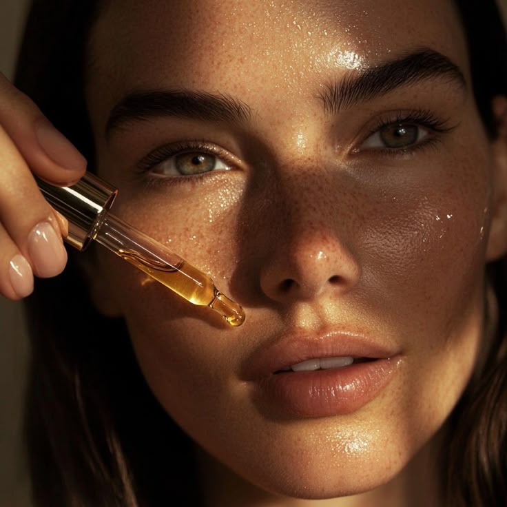 Moça passando serum no rosto